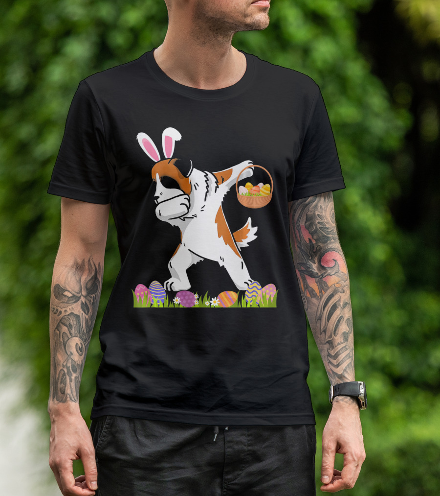 Funny Saint Bernard Dog Dabbing With Easter Bunny Ears And Basket Of Eggs T-Shirt