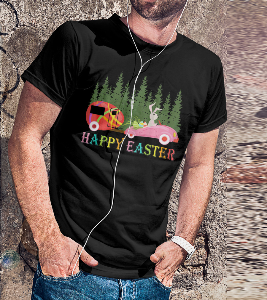 Happy Easter Day Bunny With Egg Camper And Car In Forest T-Shirt