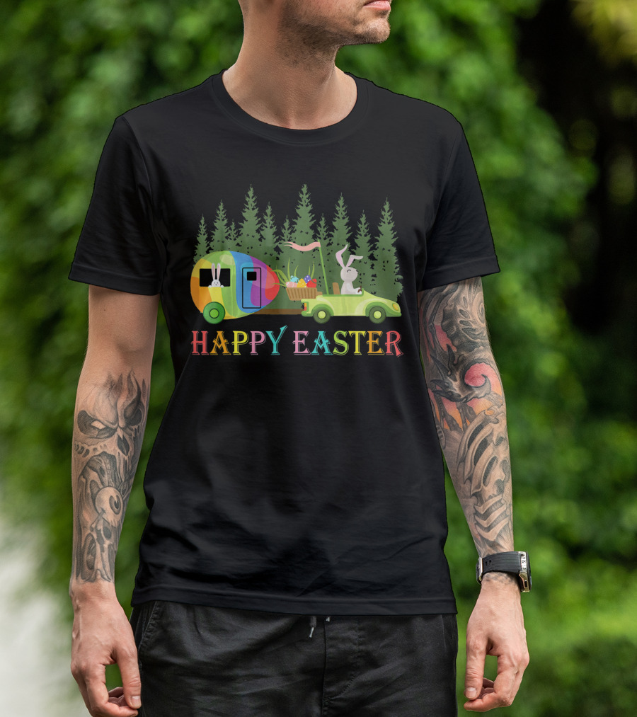 Happy Easter Bunny Driving Colorful Camper With Eggs In Forest T-Shirt