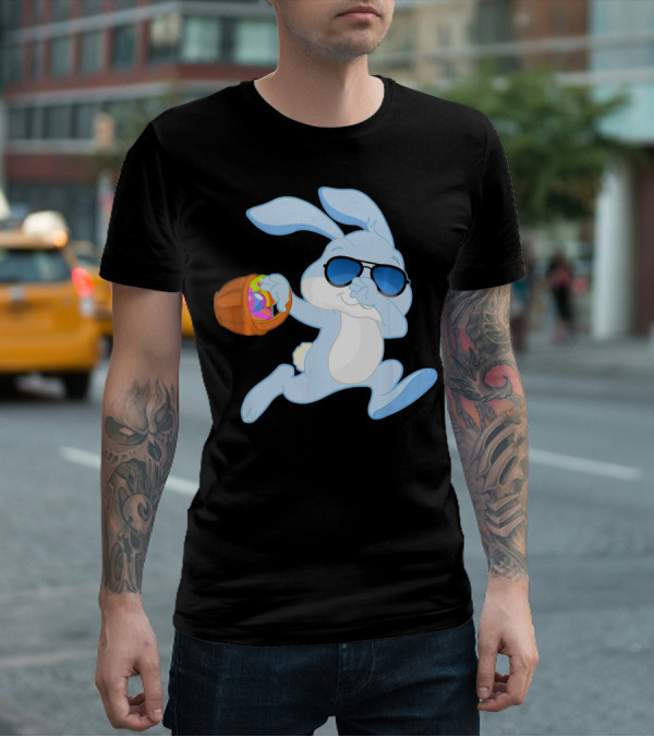 Easter Rabbit Sunglasses Holding Egg Basket T-Shirt