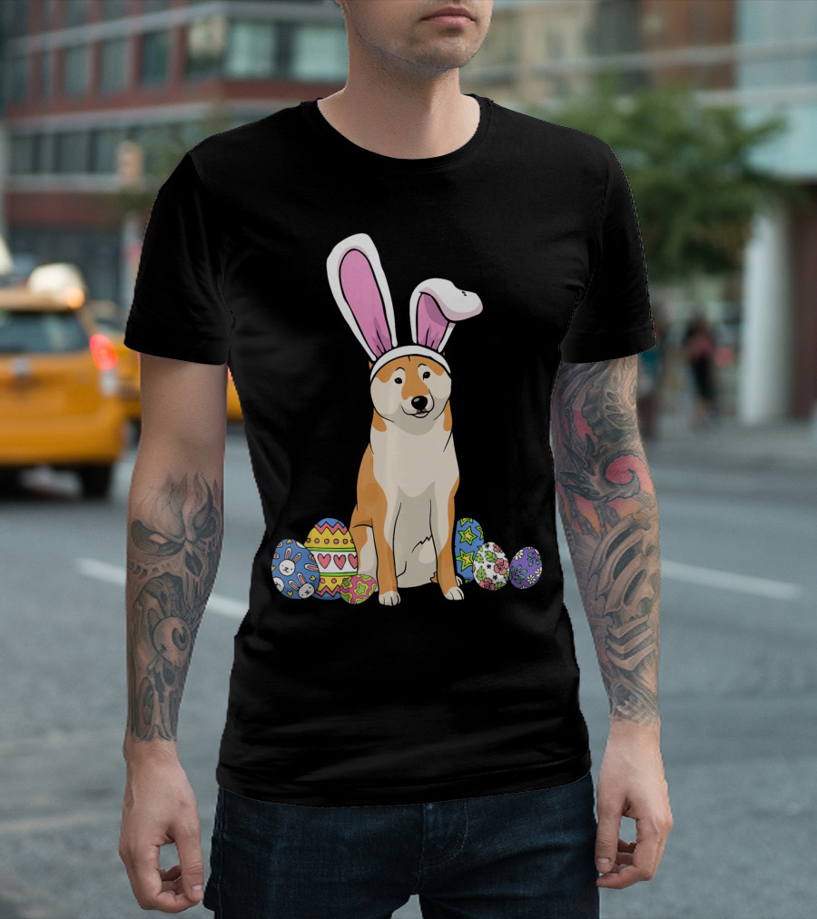 Shiba Inu with Bunny Ears and Colorful Easter Eggs T-Shirt