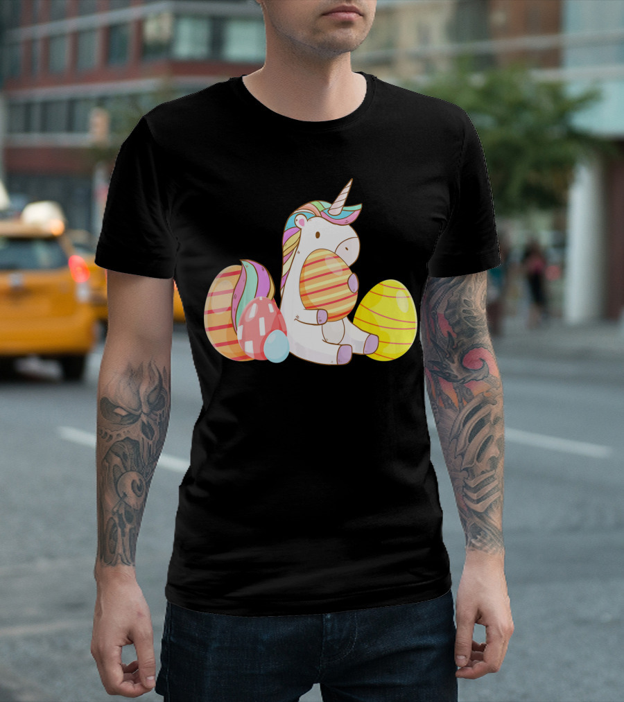 Unicorn Bunny Hugging Colorful Easter Eggs T-Shirt