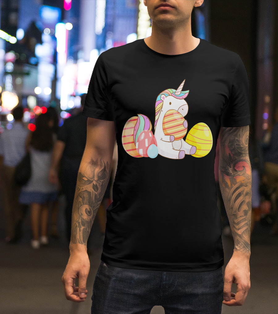 Unicorn Bunny Hugging Colorful Easter Eggs T-Shirt