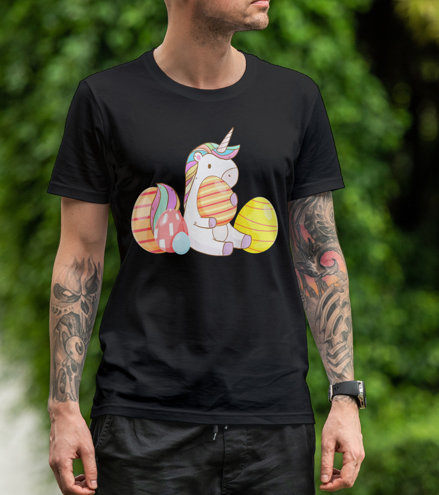 Unicorn Bunny Hugging Colorful Easter Eggs T-Shirt