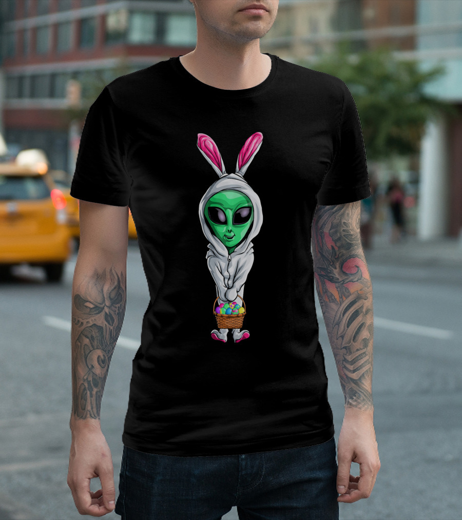 Easter Alien Bunny Costume with Basket of Colorful Eggs T-Shirt