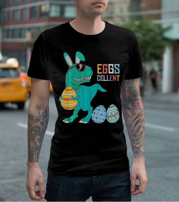 Easter Dinosaur Eggs Cellent T-Rex With Sunglasses And Striped Polka Dot Eggs T-Shirt