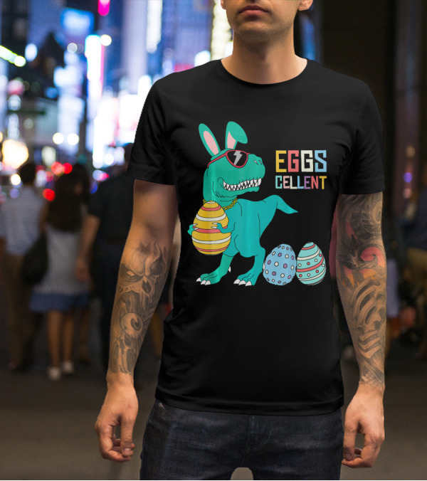 Easter Dinosaur Eggs Cellent T-Rex With Sunglasses And Striped Polka Dot Eggs T-Shirt