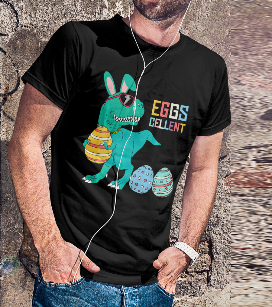 Easter Dinosaur Eggs Cellent T-Rex With Sunglasses And Striped Polka Dot Eggs T-Shirt