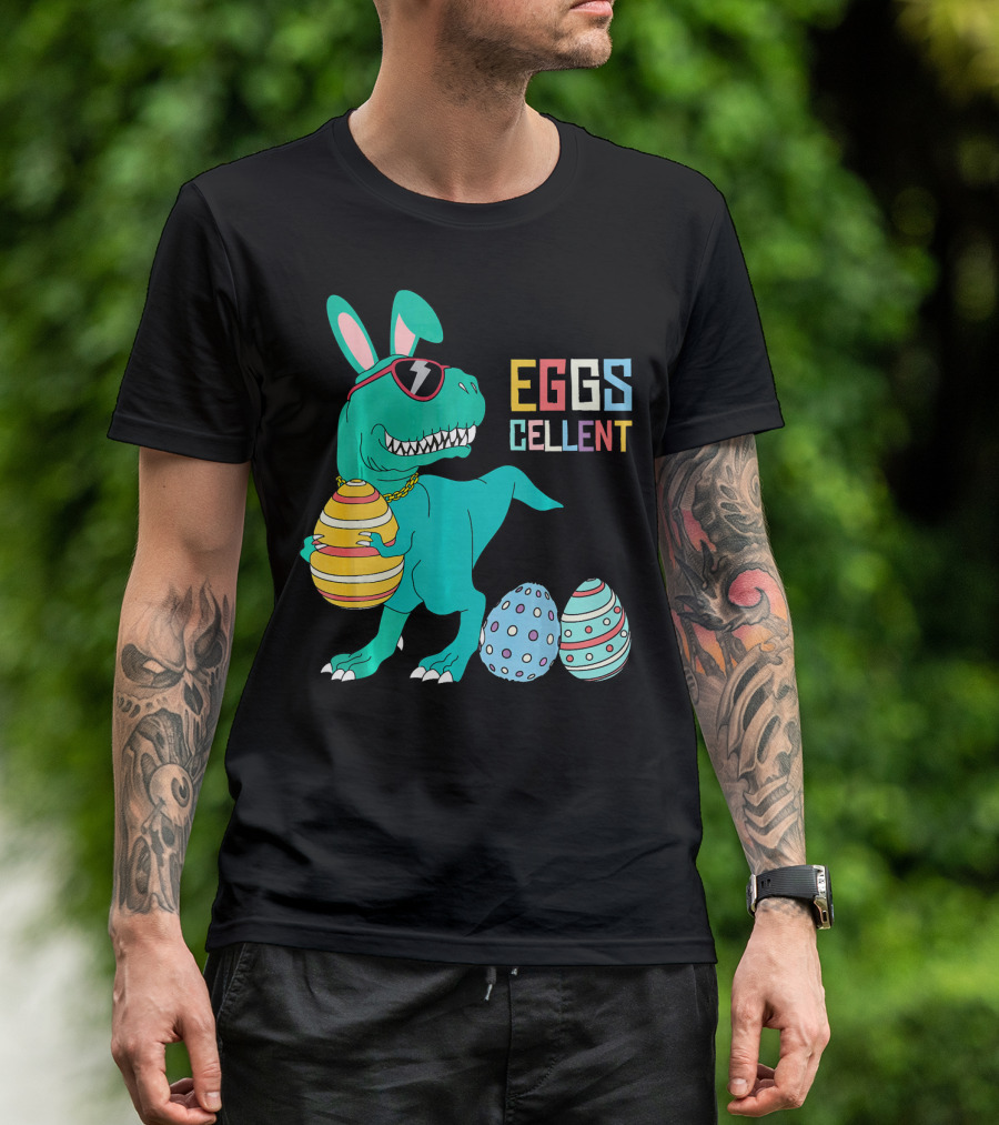 Easter Dinosaur Eggs Cellent T-Rex With Sunglasses And Striped Polka Dot Eggs T-Shirt