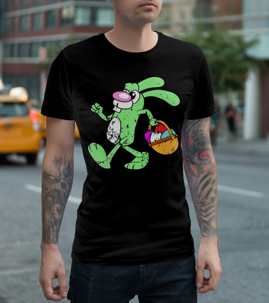 Retro Vintage Grunge Easter Bunny With Colorful Egg Basket T-Shirt