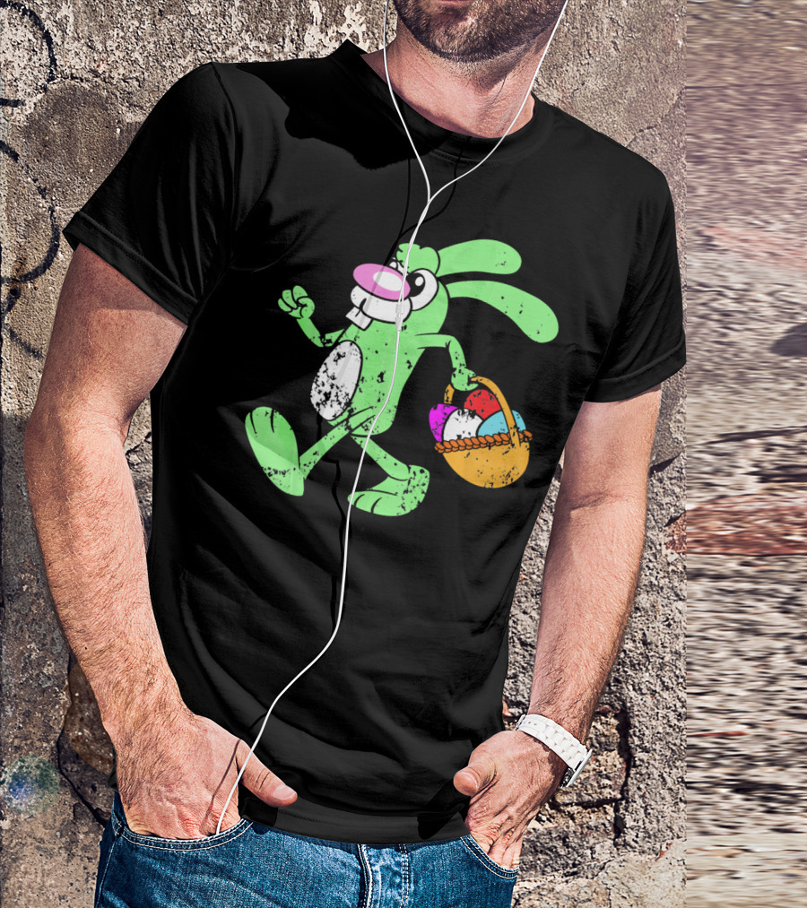 Retro Vintage Grunge Easter Bunny With Colorful Egg Basket T-Shirt