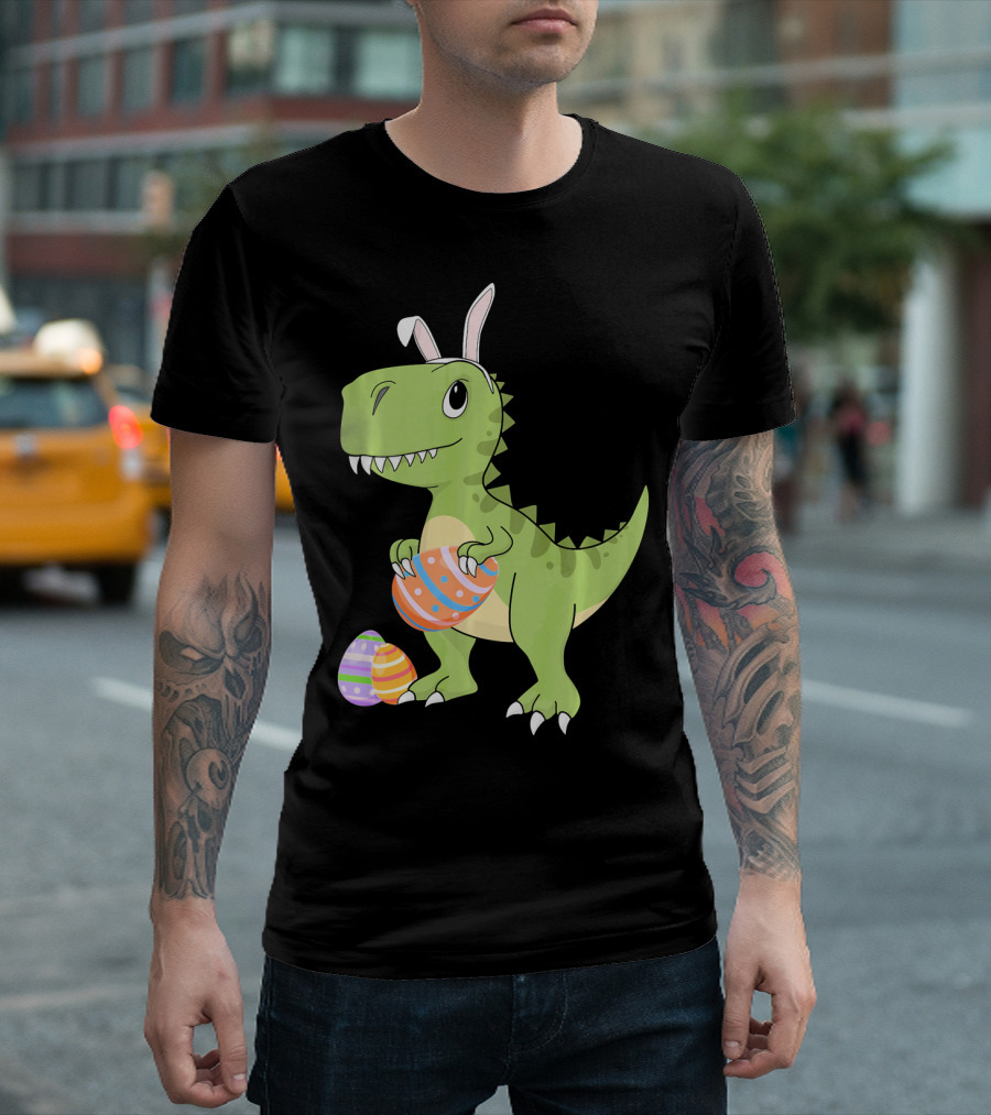 Easter Dinosaur Kids T-Rex With Bunny Ears Holding Colorful Eggs T-Shirt