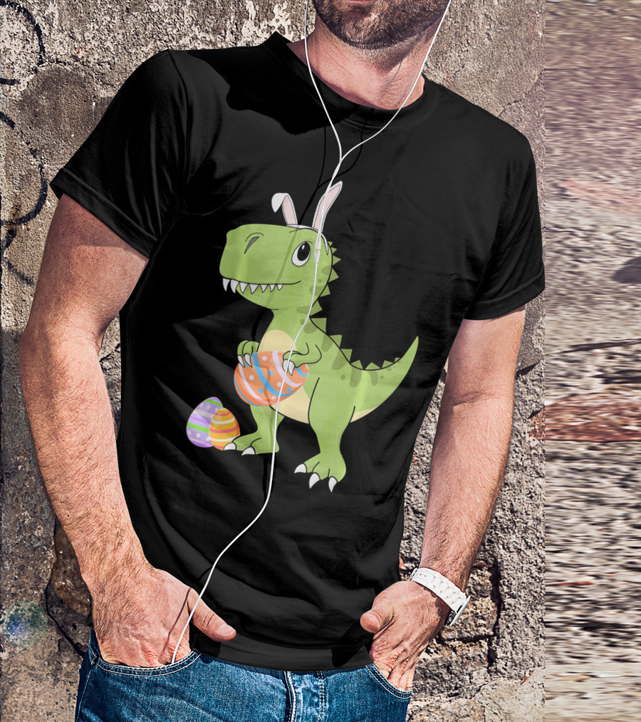 Easter Dinosaur Kids T-Rex With Bunny Ears Holding Colorful Eggs T-Shirt