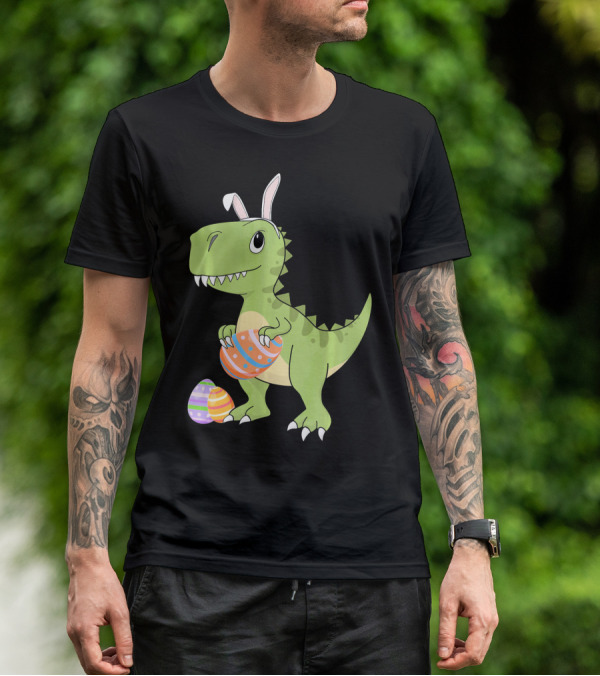 Easter Dinosaur Kids T-Rex With Bunny Ears Holding Colorful Eggs T-Shirt