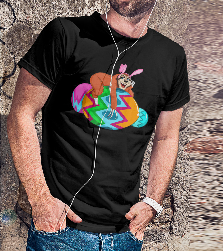 Cool Lazy Sloth Bunny On Colorful Easter Egg Hunt T-Shirt