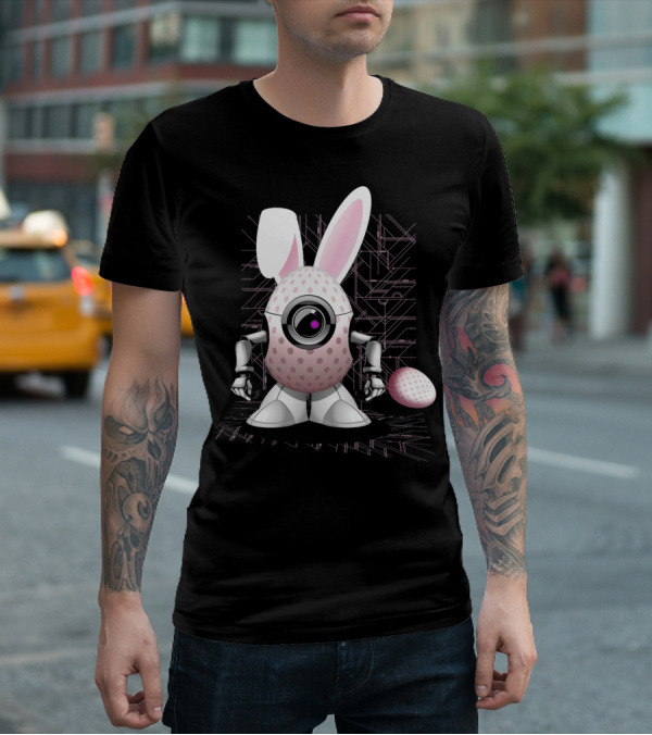 Happy Easter Bunny Robot Egg With Camera Eye And Circuit Background T-Shirt
