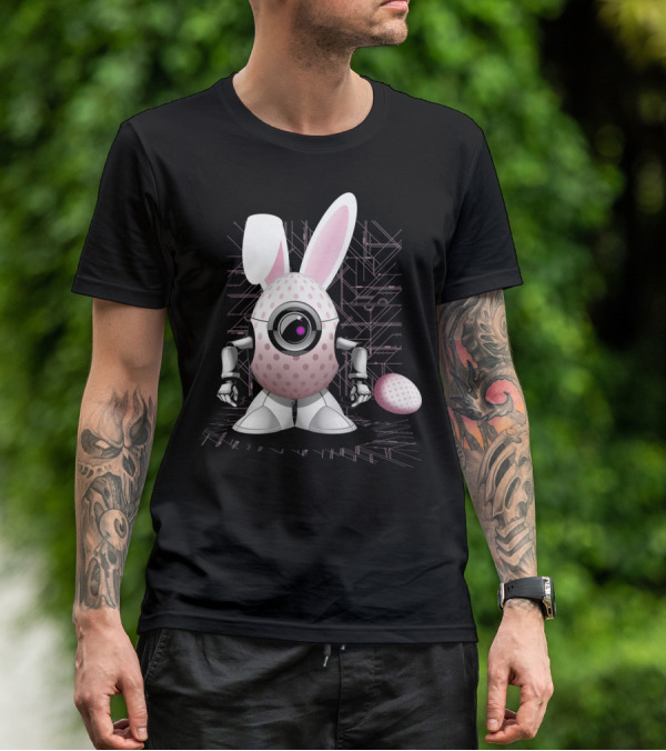 Happy Easter Bunny Robot Egg With Camera Eye And Circuit Background T-Shirt