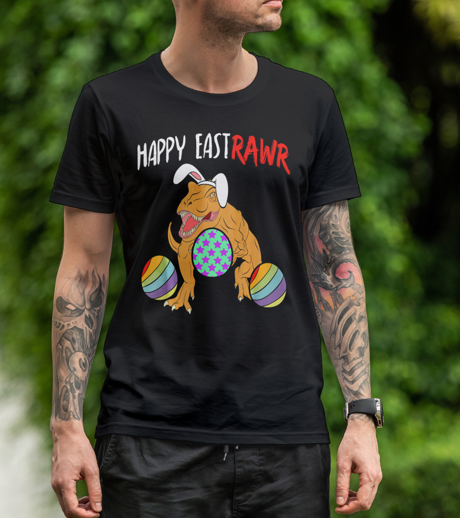 Happy Eastrawr Dinosaur Easter With Bunny Ears And Colorful Eggs T-Shirt