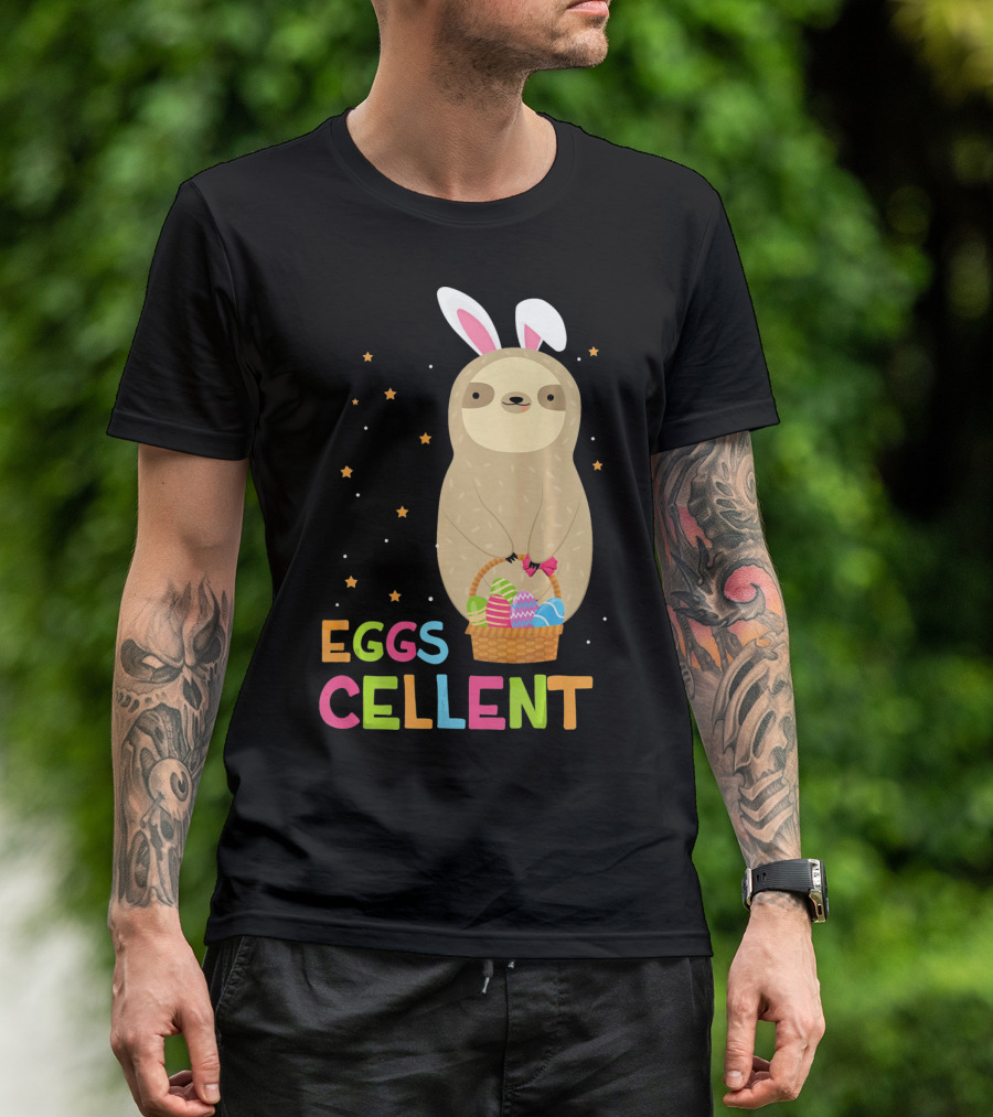 Sloth In Bunny Ears Holding Easter Eggs Cellent Basket T-Shirt