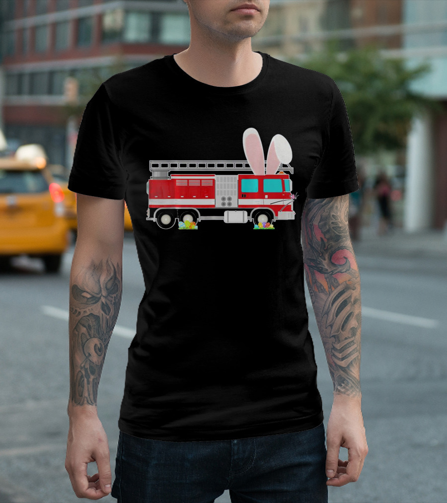 Easter Bunny Ear Fire Truck with Eggs and Carrots T-Shirt
