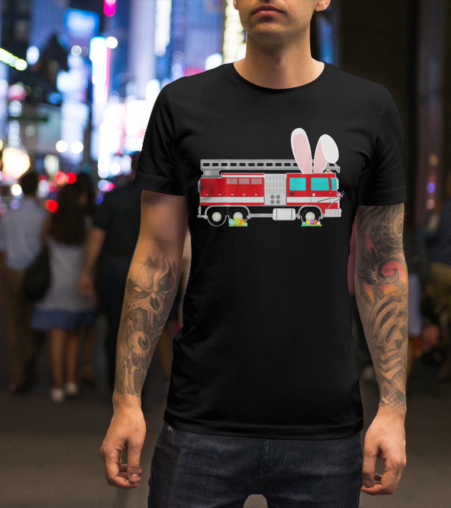 Easter Bunny Ear Fire Truck With Eggs And Carrots T-Shirt