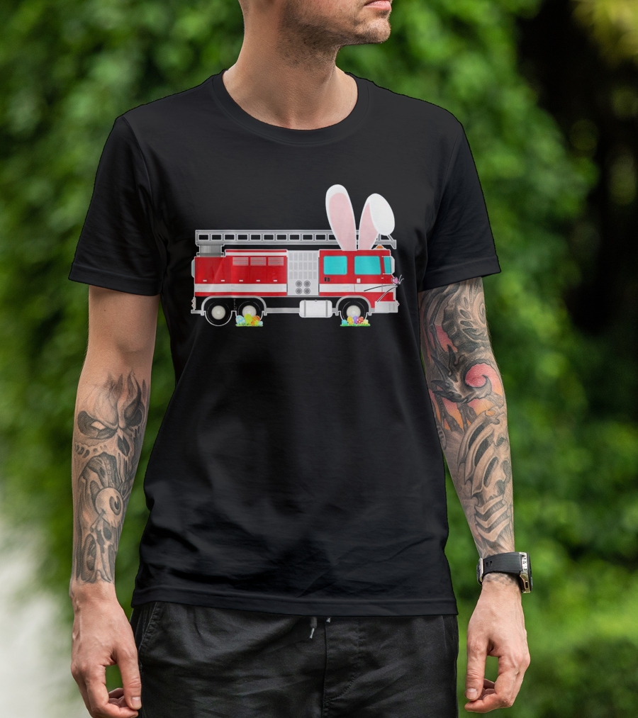 Easter Bunny Ear Fire Truck With Eggs And Carrots T-Shirt