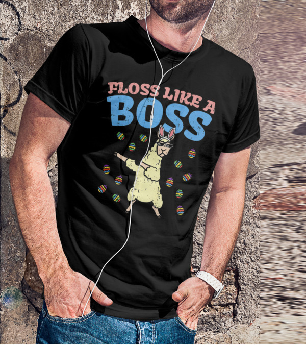 Floss Like A Boss Easter Llama Dancing With Bunny Ears And Colorful Eggs T-Shirt