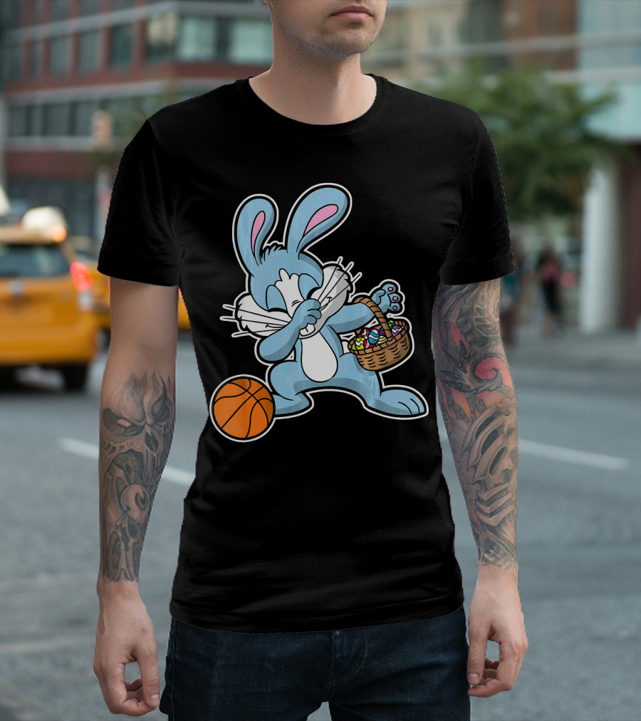Dabbing Easter Bunny with Basketball and Basket of Eggs T-Shirt