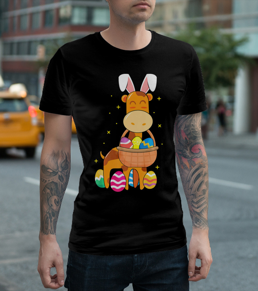Giraffe Easter Egg Bunny Holding Basket Of Colorful Eggs And Wearing Bunny Ears T-Shirt