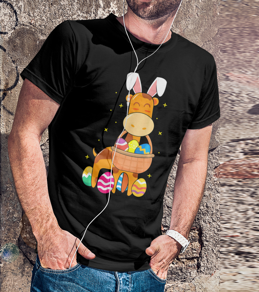 Giraffe Easter Egg Bunny Holding Basket Of Colorful Eggs And Wearing Bunny Ears T-Shirt