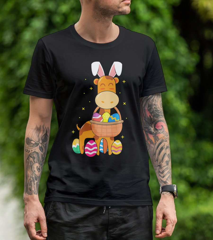 Giraffe Easter Egg Bunny Holding Basket Of Colorful Eggs And Wearing Bunny Ears T-Shirt