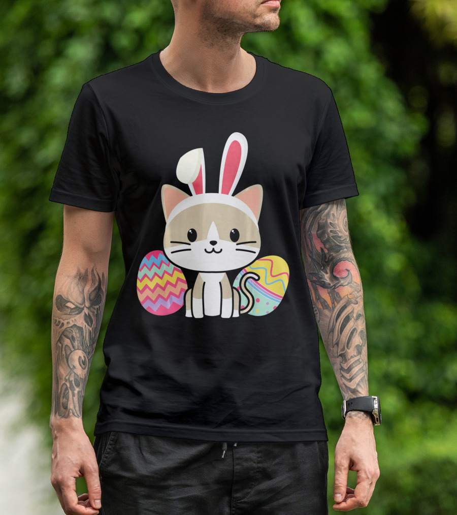 Easter Cat With Bunny Ears And Colorful Easter Eggs T-Shirt