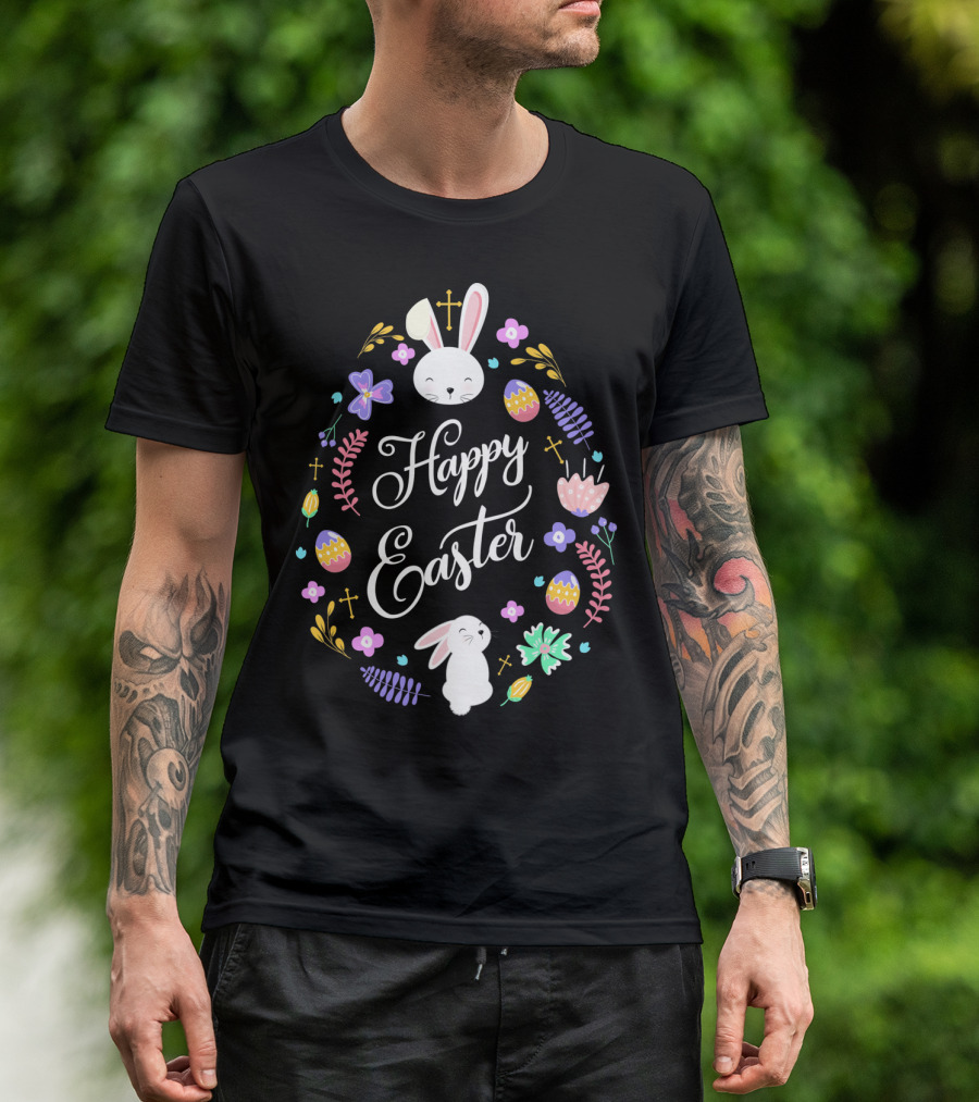 Happy Easter Christian Bunny Eggs Flowers Crosses T-Shirt