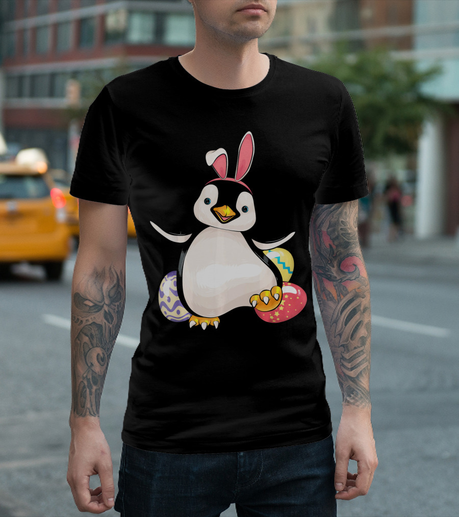 Penguin Bunny Easter With Colorful Eggs T-Shirt