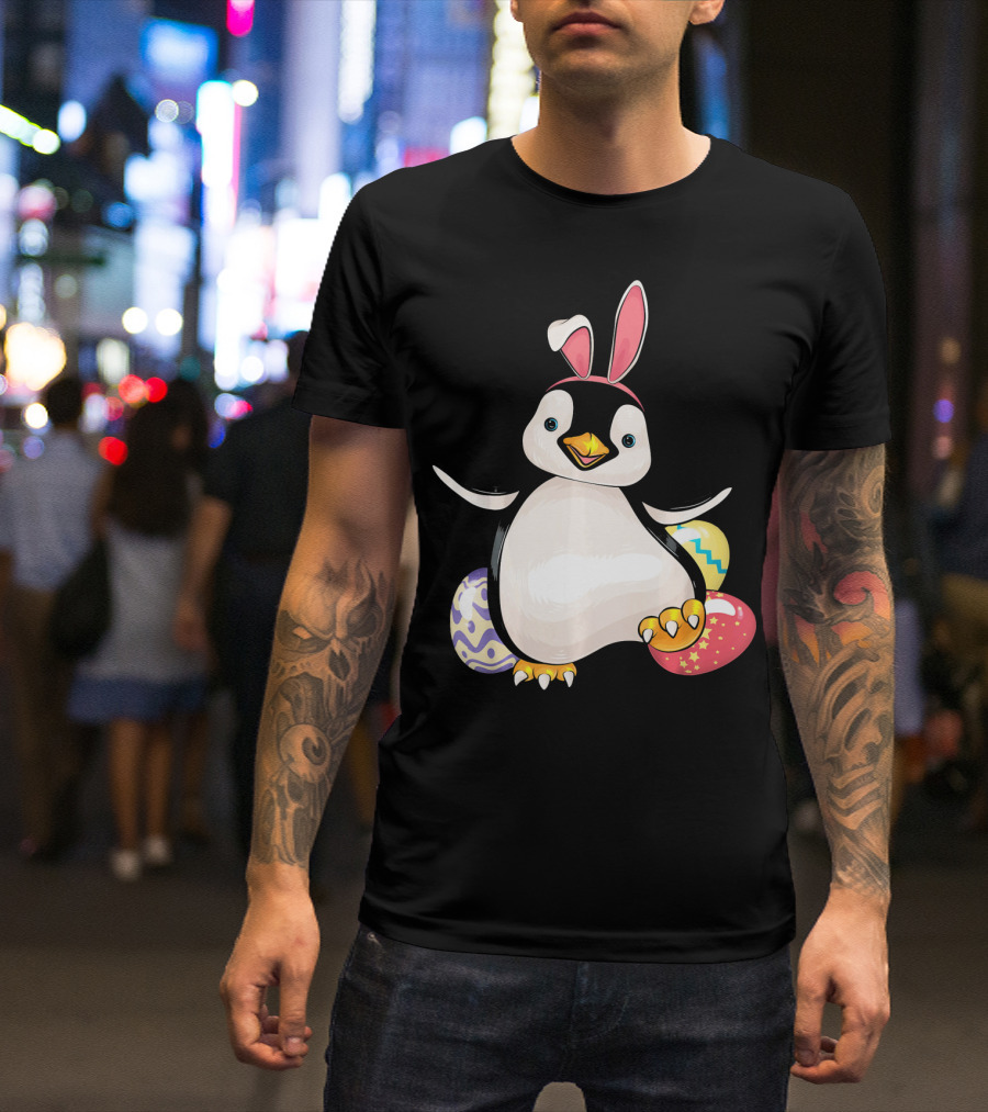 Penguin Bunny Easter With Colorful Eggs T-Shirt