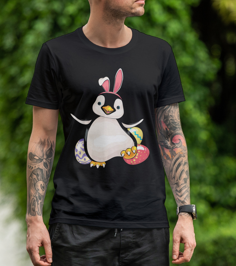 Penguin Bunny Easter With Colorful Eggs T-Shirt