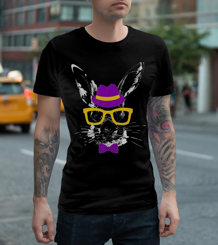 Easter Rabbit Watercolor Artwork Easter Bunny With Hat Glasses And Bow Tie T-Shirt