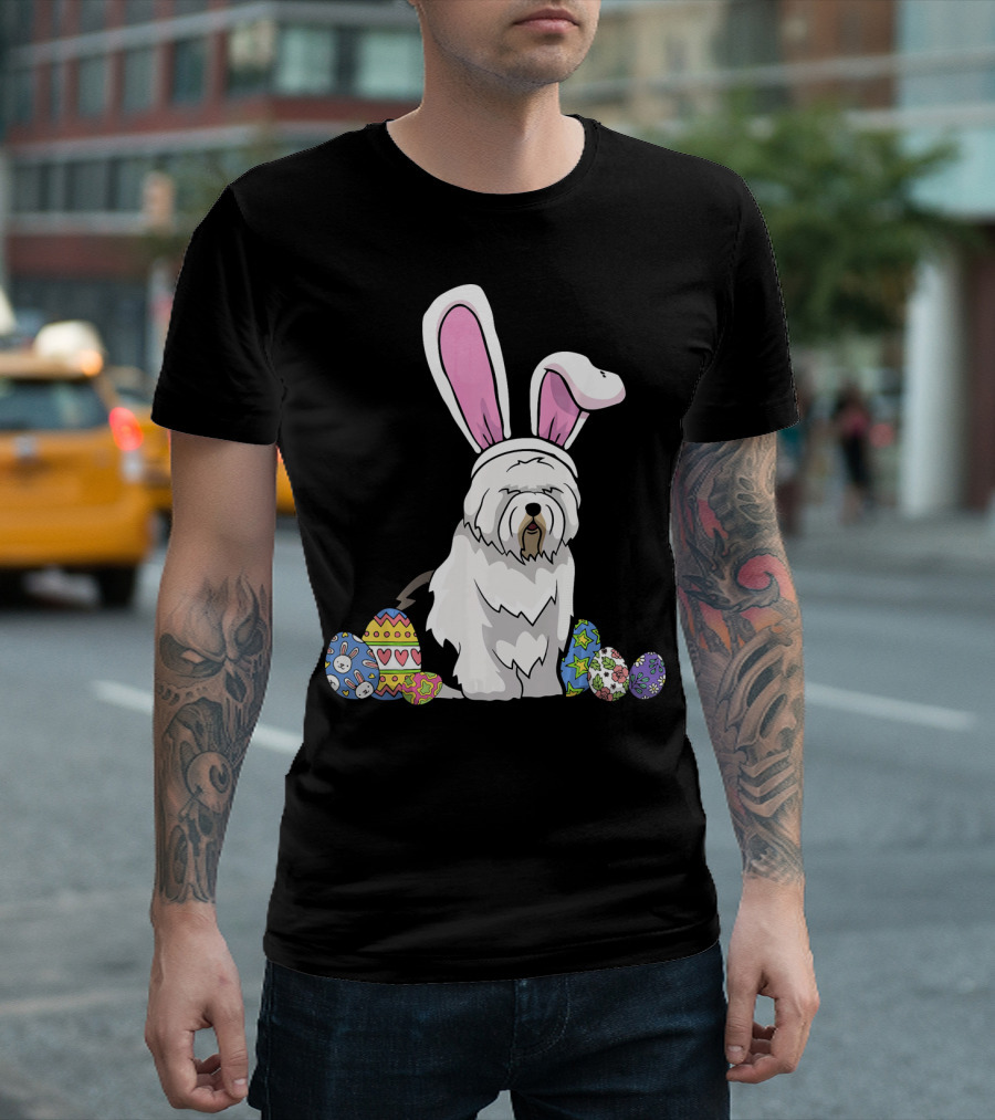 Old English Sheepdog Dressed as Easter Bunny with Colorful Eggs T-Shirt