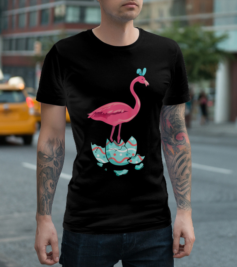 Funny Pink Flamingo on Easter Egg Bun with Bow T-Shirt