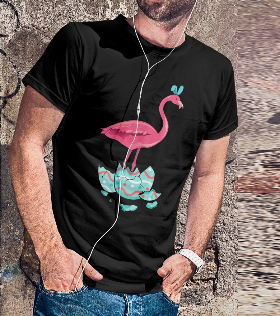 Funny Pink Flamingo On Easter Egg Bun With Bow T-Shirt