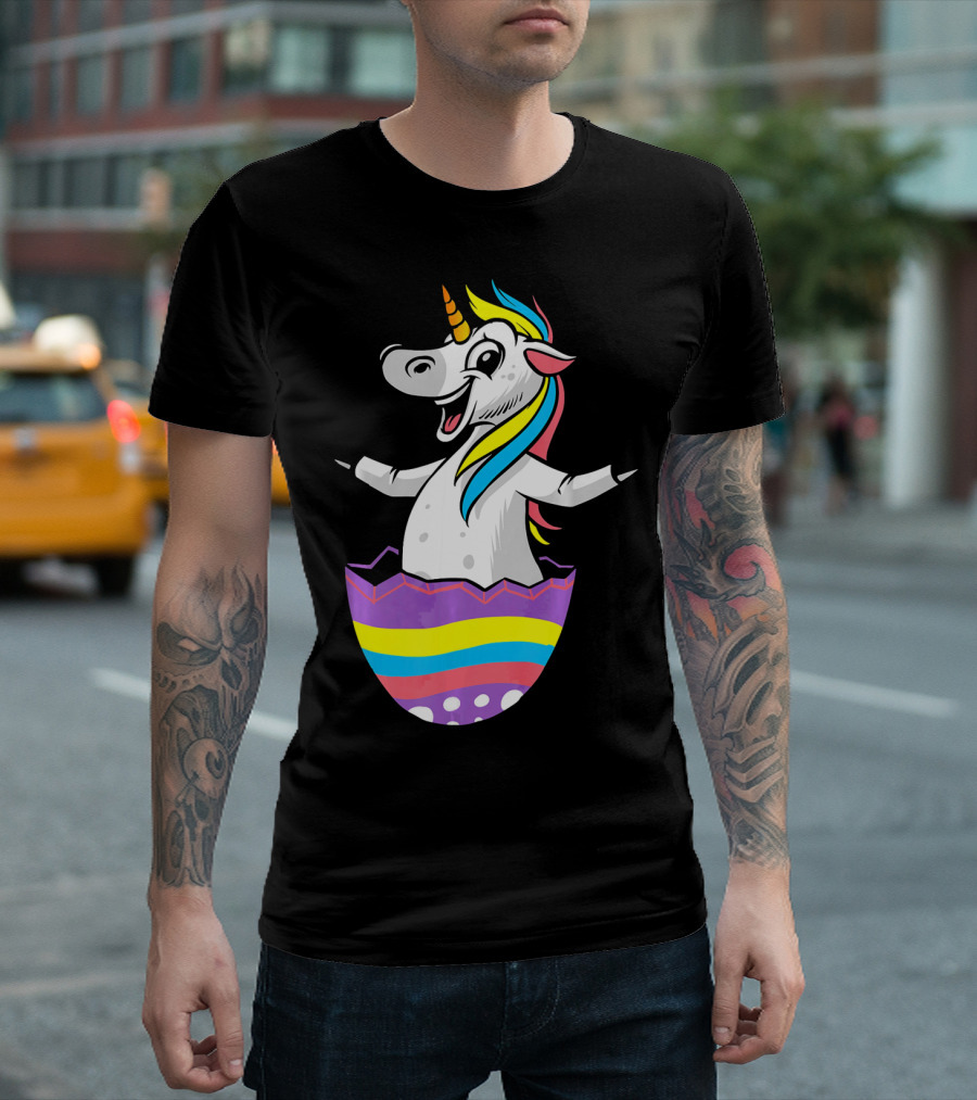Easter Unicorn In Colorful Striped Egg T-Shirt