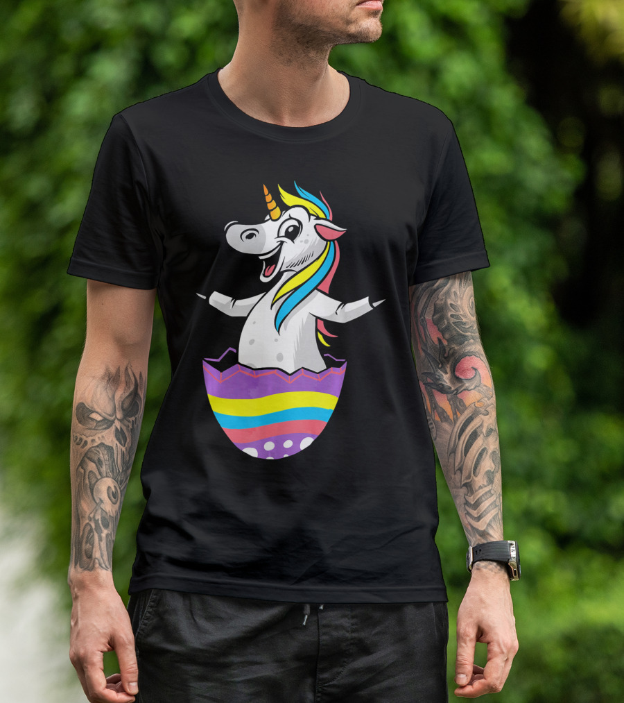 Easter Unicorn In Colorful Striped Egg T-Shirt