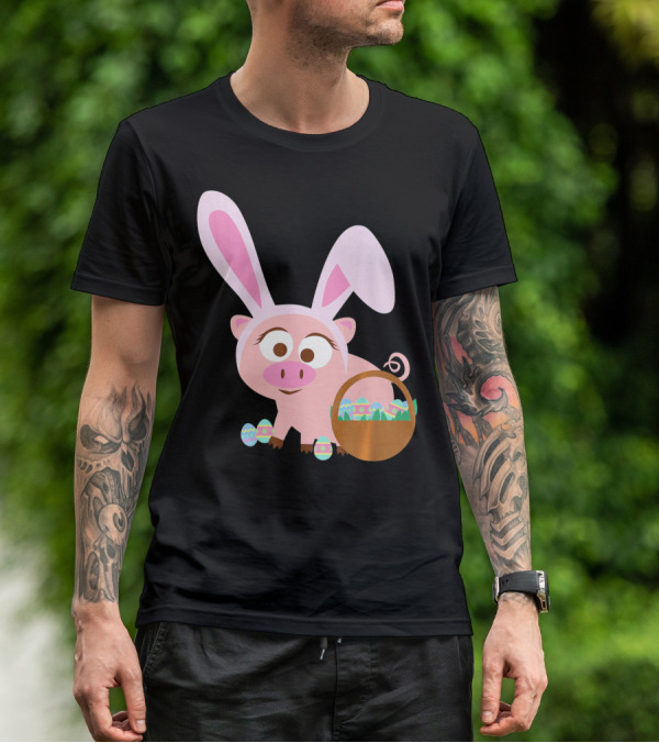 Happy Pig Bunny Ears Easter Eggs Basket T-Shirt