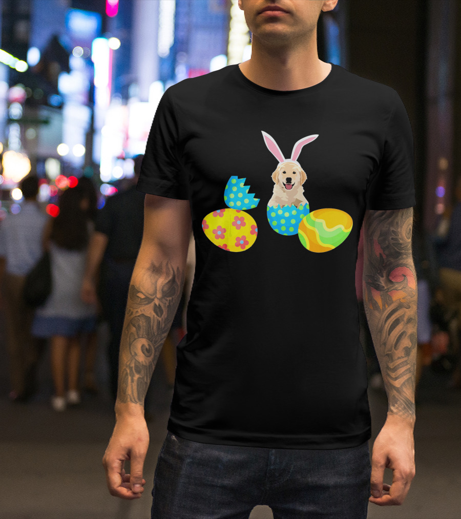 Labrador In Easter Eggs With Bunny Ears And Colorful T-Shirt