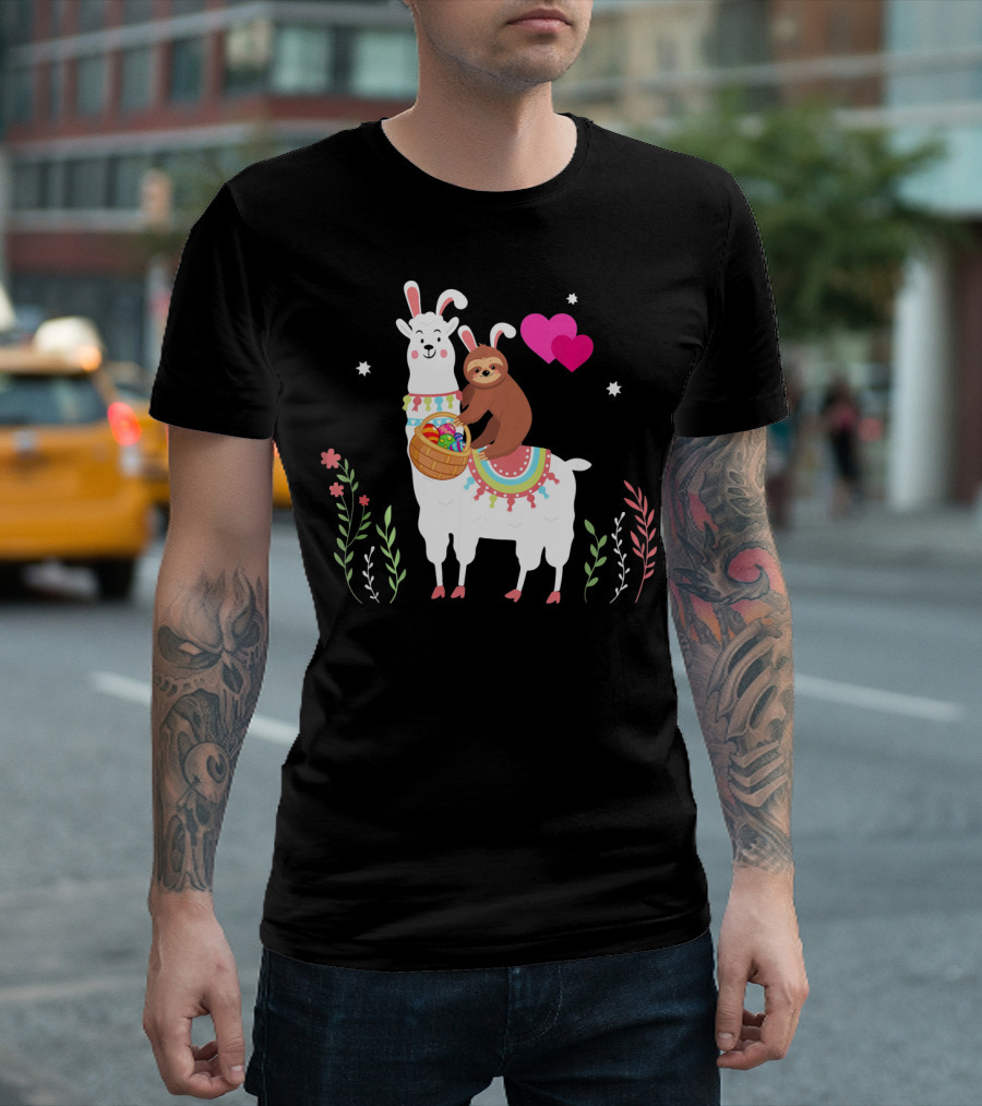 Sloth with Basket on Llama Wearing Easter Bunny Ears with Hearts and Flowers T-Shirt
