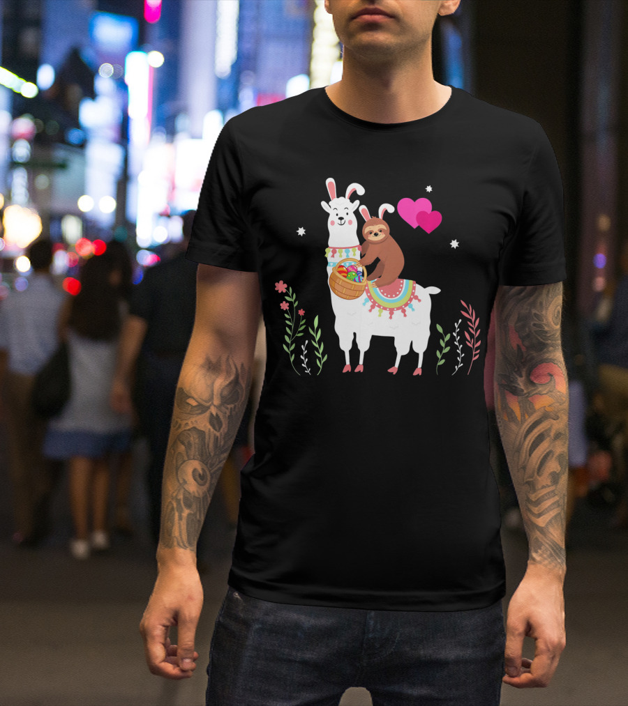 Sloth With Basket On Llama Wearing Easter Bunny Ears With Hearts And Flowers T-Shirt