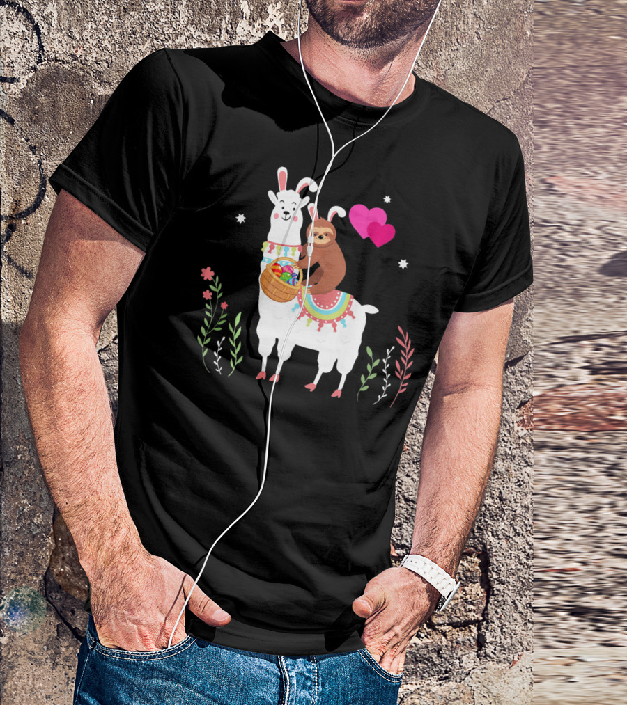 Sloth With Basket On Llama Wearing Easter Bunny Ears With Hearts And Flowers T-Shirt