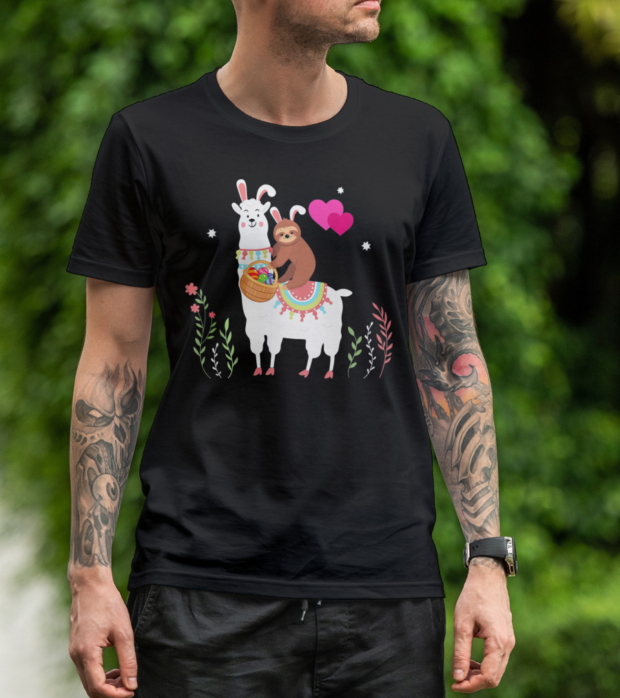 Sloth With Basket On Llama Wearing Easter Bunny Ears With Hearts And Flowers T-Shirt