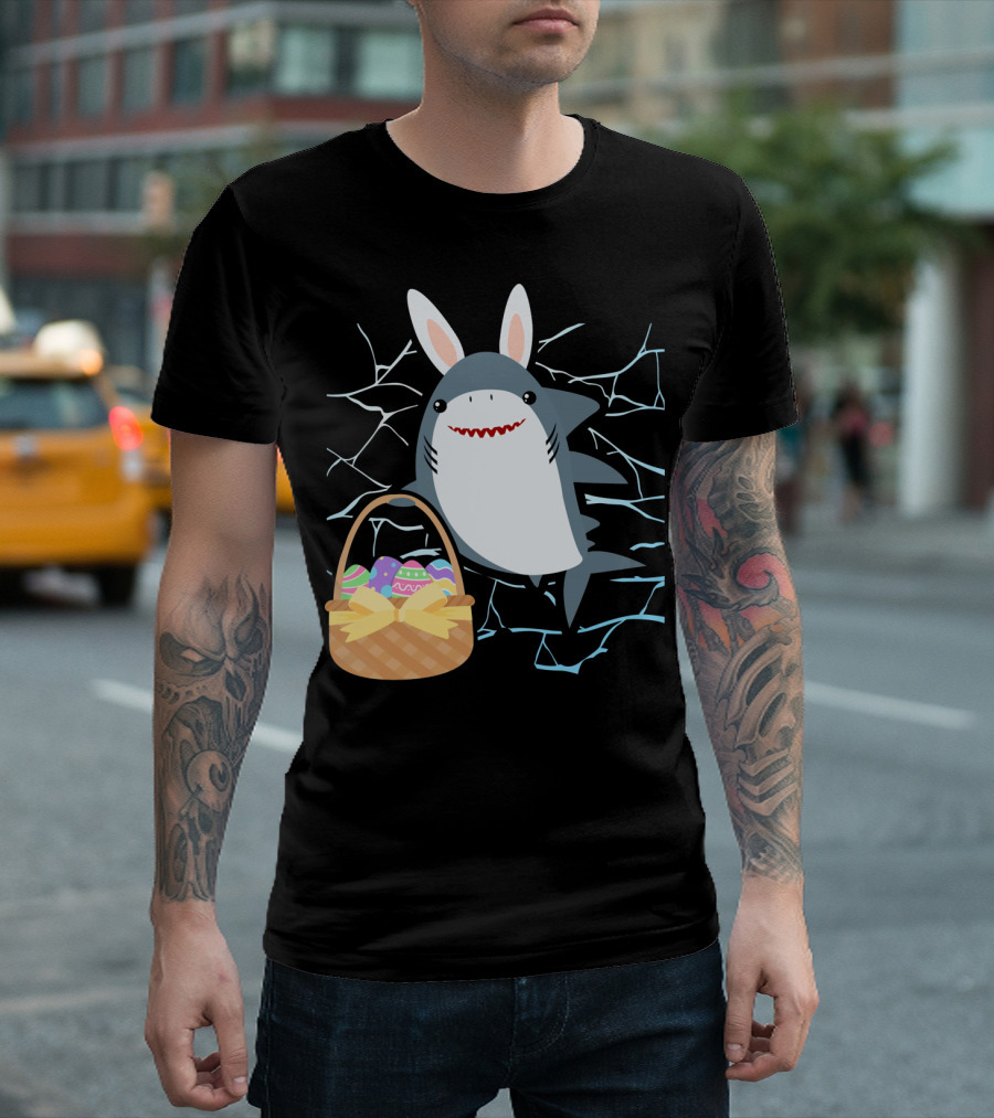 Easter Bunny Shark with Basket of Eggs and Funny Expression T-Shirt