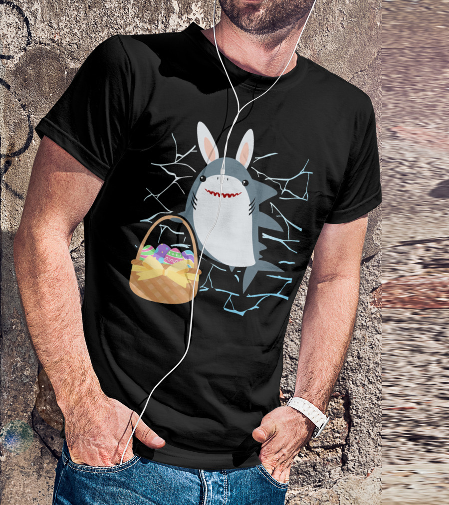 Easter Bunny Shark With Basket Of Eggs And Funny Expression T-Shirt